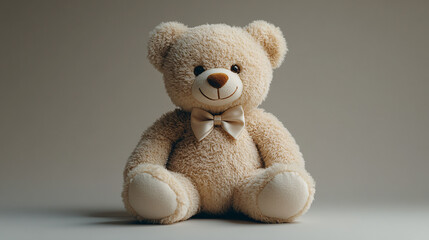 Obraz premium A cute teddy bear with a beige fur coat and a small satin bow, creating a warm and inviting atmosphere, evoking a sense of comfort and nostalgia. Perfect for use in children's products and home...