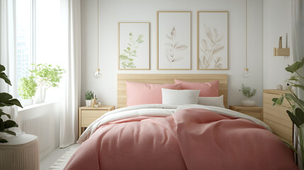 Fototapeta premium Bedroom Interior with Soft Coral Bedding and Light Wood Furniture, Modern Minimalist Design for Cozy Home Decor
