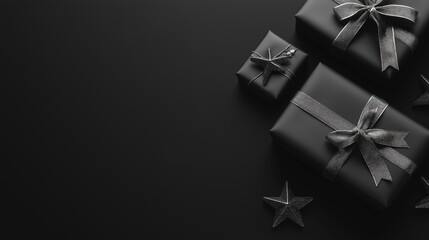 Elegant black and silver christmas gifts with bows and star decorations for holiday celebrations