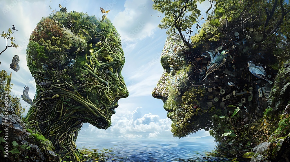 Poster Exploring the tension between nature and technology a visual dialogue of life and machines in harmony and conflict