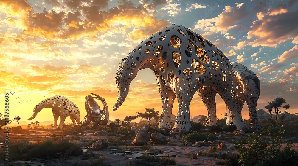 Poster Exploring a surreal architectural wonderland structures that transform and evolve in a dreamlike landscape at sunset
