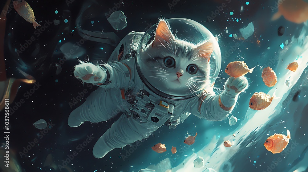 Poster an astronaut cat drifting in zero gravity chasing floating fish in a cosmic adventure of whimsical w