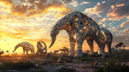 Exploring a surreal architectural wonderland structures that transform and evolve in a dreamlike landscape at sunset