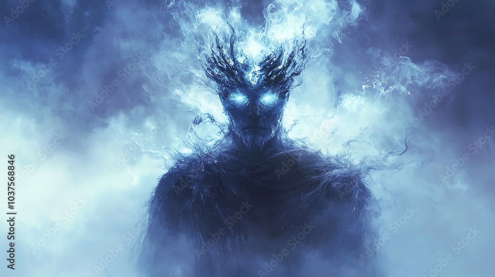 Poster an ethereal being of mist the towering god enveloped in swirling vapor and adorned with a crow