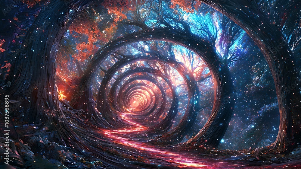 Poster A journey through a twilight dimension exploring the enigmatic loops of time and light within a mystical forest