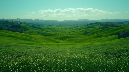 Fototapeta premium A vast green grassland under the blue sky, with clouds scattered in the distance and no trees on it. The background is clean and bright, presenting an endless expanse of emerald-green fields