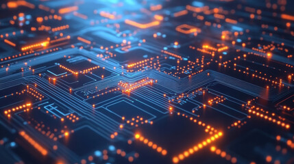 Futuristic circuit board with glowing power lines in a technological design