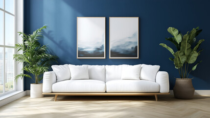 Living Room Interior with Deep Blue Walls and White Linen Sofa, Modern and Stylish Home Design with Elegant Decor