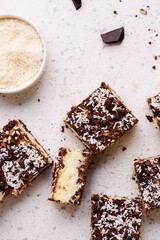 Cream Cheese Squares with Coconut and Chocolate Dough. top veiw .style hugge