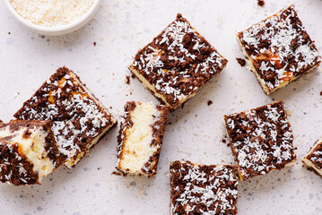 Cream Cheese Squares with Coconut and Chocolate Dough. top veiw .style hugge