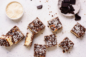 Cream Cheese Squares with Coconut and Chocolate Dough. top veiw .style hugge