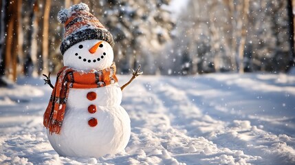 Winter Wonderland Snowman: A cheerful snowman, adorned in an orange scarf and knit hat, stands proudly in a snowy winter landscape.  The scene is bathed in the warm glow of sunlight.