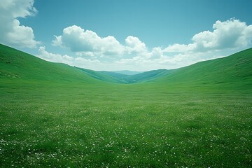 Fototapeta premium A vast green grassland under the blue sky, with clouds scattered in the distance and no trees on it. The background is clean and bright, presenting an endless expanse of emerald-green fields