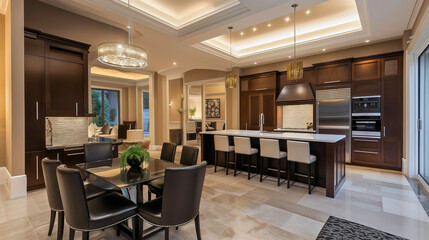 Modern kitchen interior in luxury home apartment with dining area, table and chairs in stylish house design, furniture island with elegant lighting