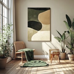 A room with a green blanket on the floor and a chair