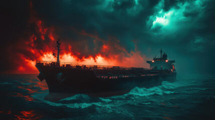 Fototapeta premium A red and black ship in the ocean, with stormy weather and large waves