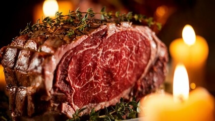 A closeup shot of a christams dinner prime rib roast with a beautiful marbling, garnished with thyme and illuminated by candlelight.