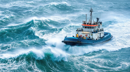 A red and black ship in the ocean, with stormy weather and large waves