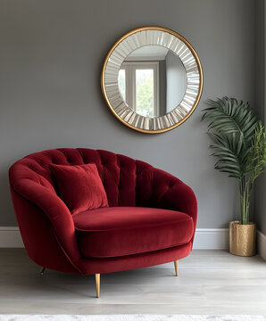 Living Room Interior with Burgundy Velvet Armchair and Pale Grey Walls, Elegant Modern Design and Stylish Furniture