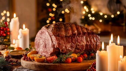 A christams dinner succulent roasted prime rib, steaming and glistening, sits on a wooden board surrounded by candles, red berries, and festive lights