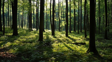 Sunlit Forest Path: A tranquil scene of dappled sunlight filtering through a dense forest, illuminating a mossy path.  The image evokes peace, serenity, and the beauty of nature. 