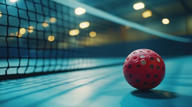 A close-up of a red ball on a sports court near a net, suggesting a game in progress.