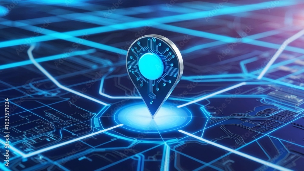 Poster futuristic digital map with glowing location pin, representing advanced geolocation technology and n