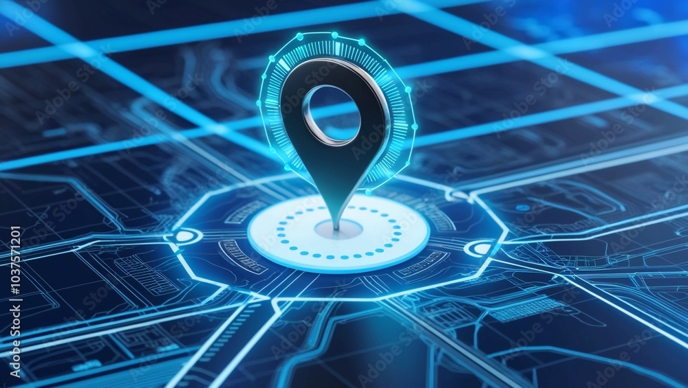 Poster futuristic digital map with glowing location pin, representing advanced geolocation technology and n