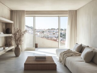 Fototapeta premium A living room with a white couch and a coffee table