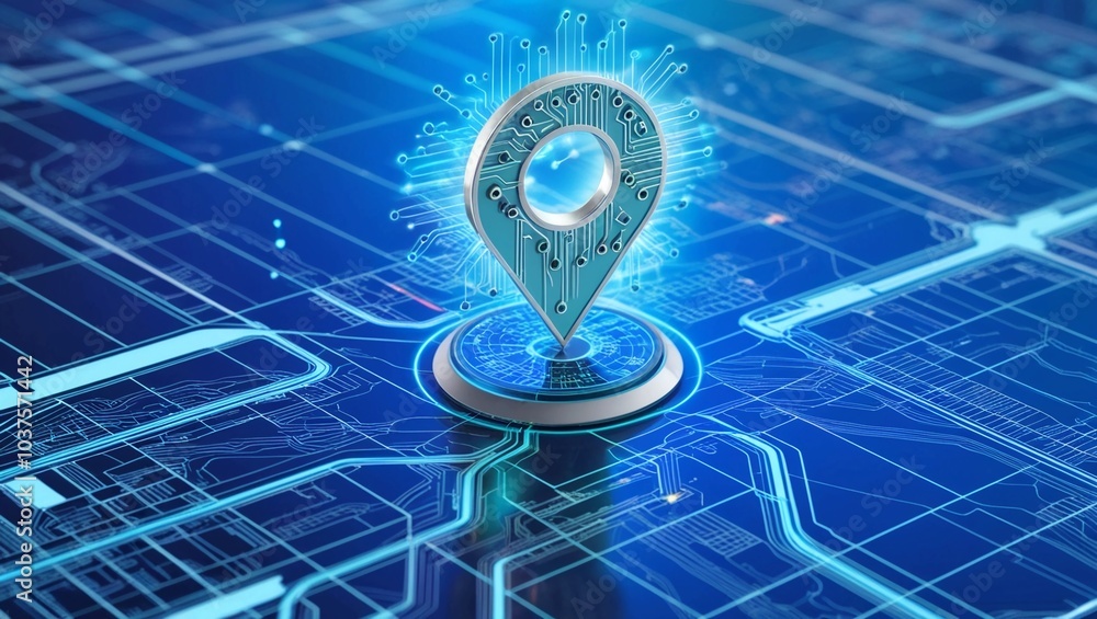 Poster futuristic digital map with glowing location pin, representing advanced geolocation technology and n