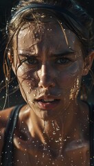 female athlete drenched in sweat glares ahead