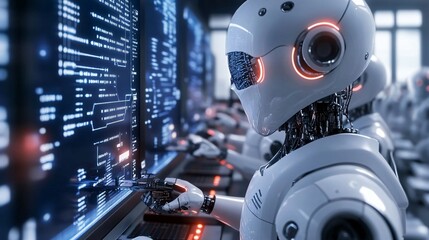 Fototapeta premium White humanoid robot with glowing red eyes looking at a computer screen filled with code.