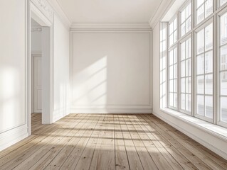 Fototapeta premium A large room with a white wall and wooden floors