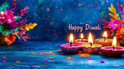 Vibrant Diwali celebration with lit diyas and festive decorations, colorful candle displaying Happy Diwali message