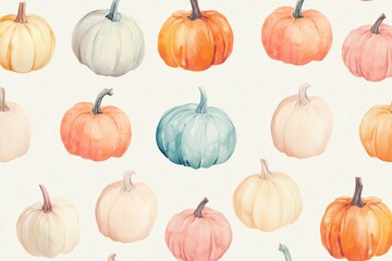 A beautiful pattern of watercolor pumpkins in soft colors, perfect for autumn-themed designs and seasonal decor.