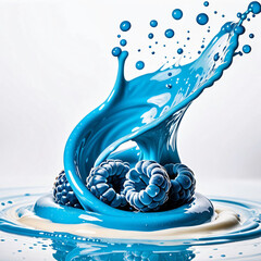 blue raspberries with splashes of juice isolated on white background