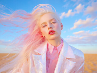 A fashion portrait of a blonde model in a pink jacket, her hair blowing in the wind, set against a desert landscape at sunset. Soft and dreamy editorial with pastel hues.