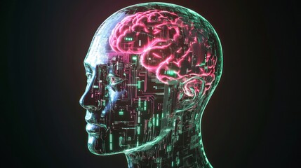 Obraz premium Digital Mind: A futuristic and artistic representation of the human brain with glowing neon lines, highlighting the complexity of the mind.