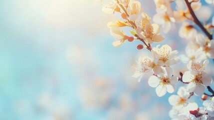 Fototapeta premium Lovely abstract floral springtime background of the natural world. Macro of flowering apricot branches softly focused against a background of a softly blue sky. For spring and easter greeting cards.