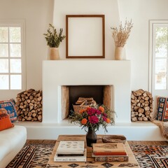 A living room with a fireplace and a vase of flowers on a coffee table