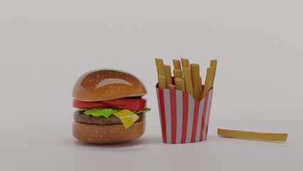 burger and french fries with white background