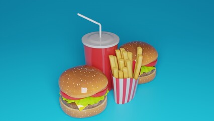 burger and french fries with cold drink