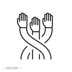 alliance icon, team logo, 3 hands together, linear web vector illustration