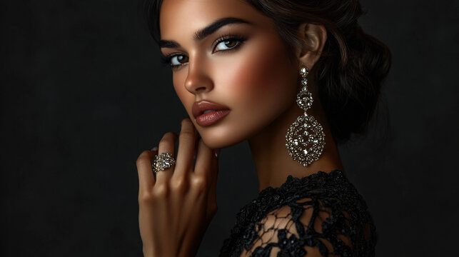 A high-fashion studio portrait of a woman with intricate jewelry, showcasing elegance and sophistication.