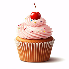 pink cupcake with cherry on top isolated on white background