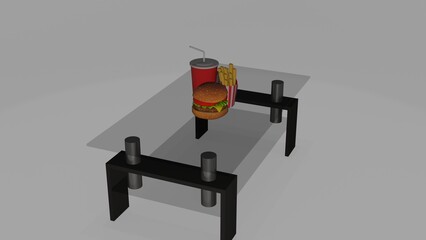 burger and french fries on glass table