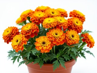 Large cluster of vibrant orange marigold flowers in a terracotta pot, ideal for seasonal garden displays and outdoor floral decor