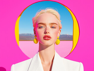 A fashion portrait of a model wearing a white jacket, set against a hot pink circular backdrop with a desert landscape in the background. Bold and avant-garde editorial concept.