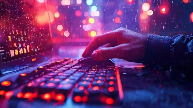 Hands of a person using a gaming keyboard and mouse, illuminated by vibrant red LED lights, in an intense gaming or streaming setup with a focus on the tech and buttons