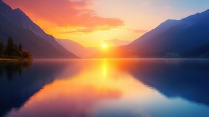 Obraz premium Serene Mountain Lake Sunrise: A breathtaking panorama of a tranquil mountain lake reflecting the vibrant hues of a sunrise. The image evokes a sense of peace, tranquility, and awe-inspiring beauty. 